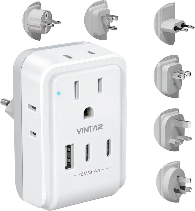 VINTAR مجموعة محول السفر العالمي، محول طاقة دولي مع 4 مآخذ AC و 3 منافذ USB (2 USB C)، نوع A، B، C، E/F، G، I، ملحقات قابلة للتبديل، محول سفر عالمي لأوروبا/المملكة المتحدة/أستراليا/اليابان/أفريقيا - Image 1